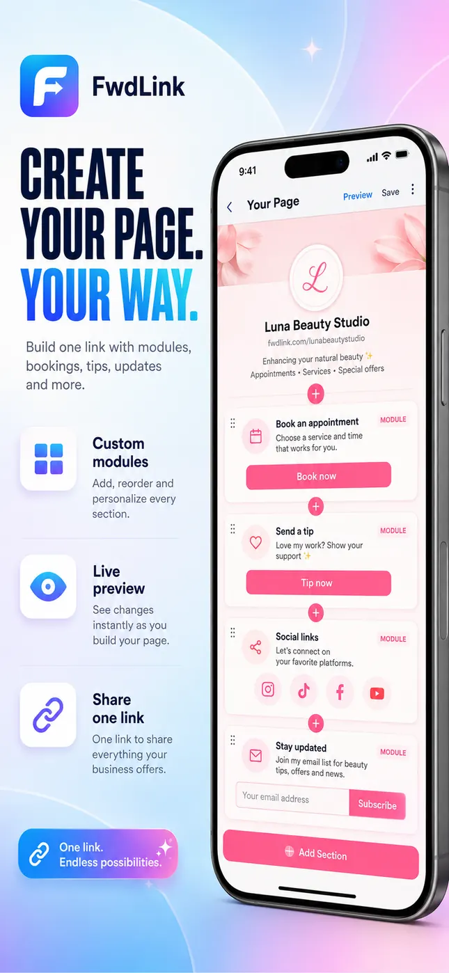 El constructor de página de un estudio de belleza, con secciones reordenables para agendar cita, propinas, redes sociales y suscripción por correo.