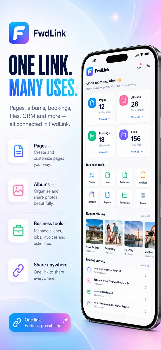 Pantalla de inicio de la app FWDLink con contadores de páginas, álbumes, reservas y archivos, atajos a clientes, trabajos, cotizaciones y facturas, y una lista de actividad reciente.