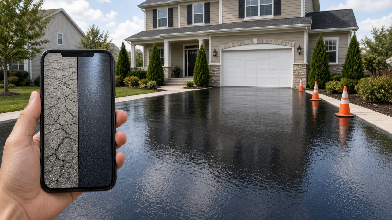Freshly sealed black driveway while a phone shows the before and after for that address
