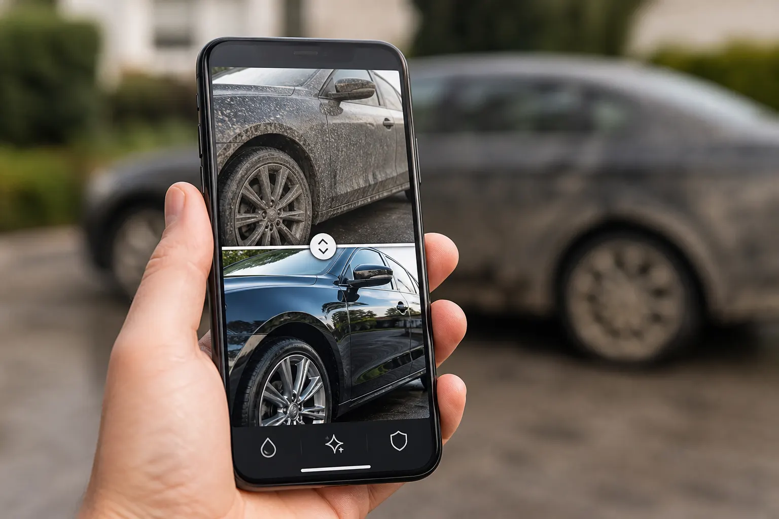 Phone showing before and after detailing photos