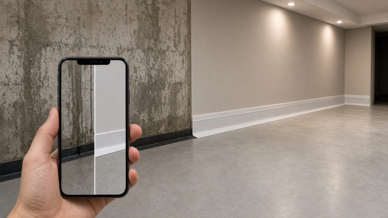 Dry basement after waterproofing while a phone shows the before and after for that address