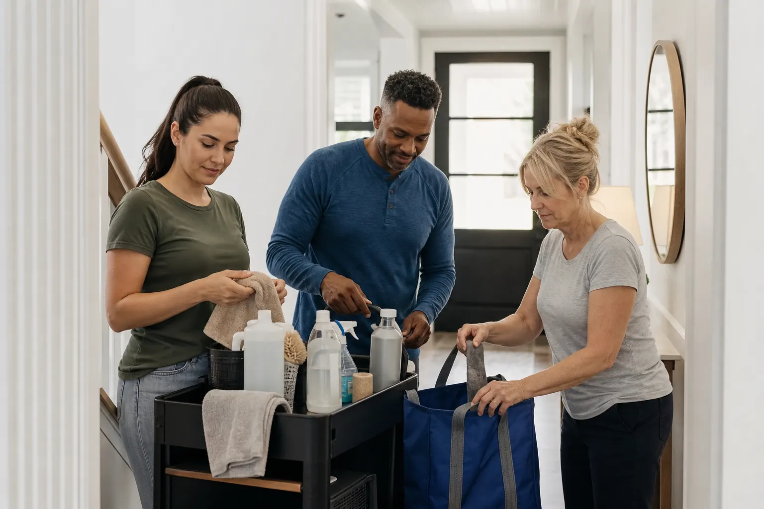 Cleaning team preparing supplies at a doorway