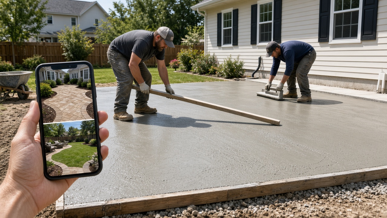 Fresh concrete patio pour while a phone shows the before and after for that address