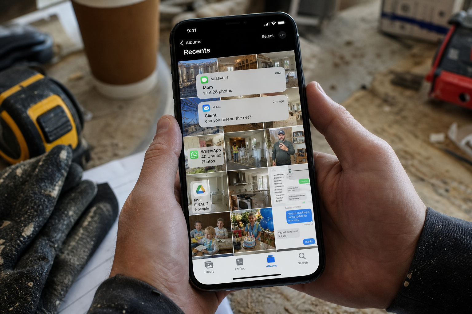Messy camera roll mixed with chats, Drive folders, and voice memos — the dump you upload out of