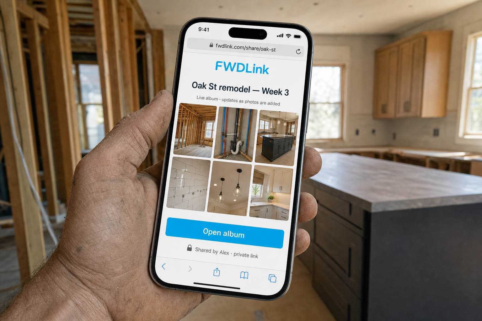 Live FWD album on a phone at a kitchen remodel