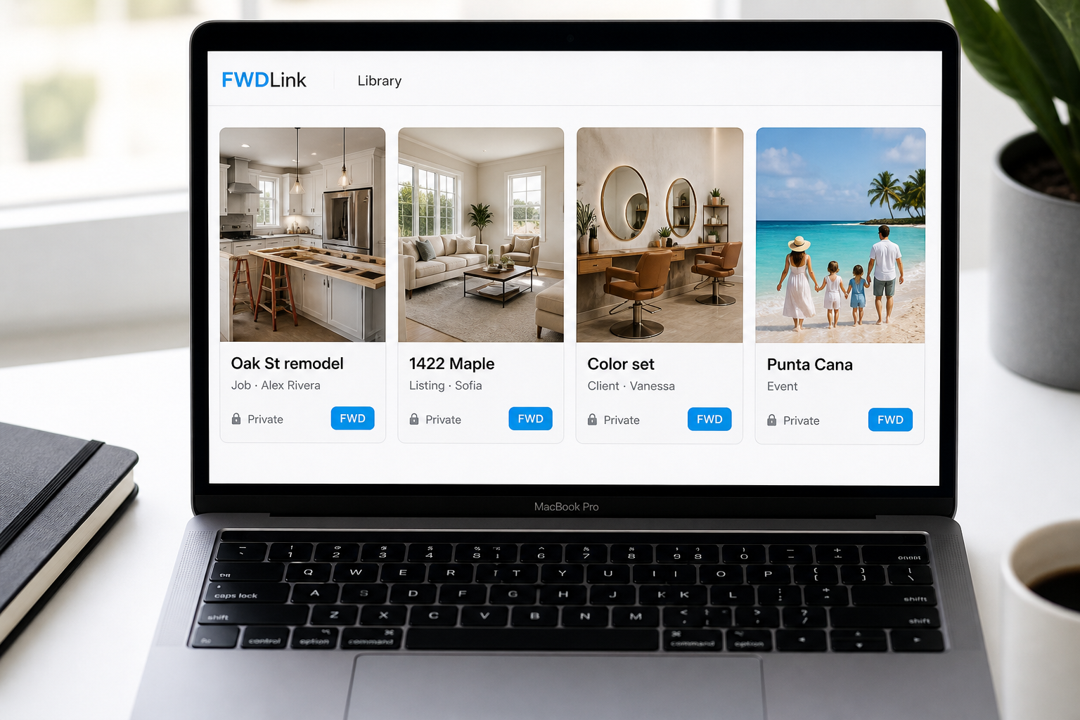 FWDLink library on a laptop — albums for a remodel, a listing, a salon set, and a family trip