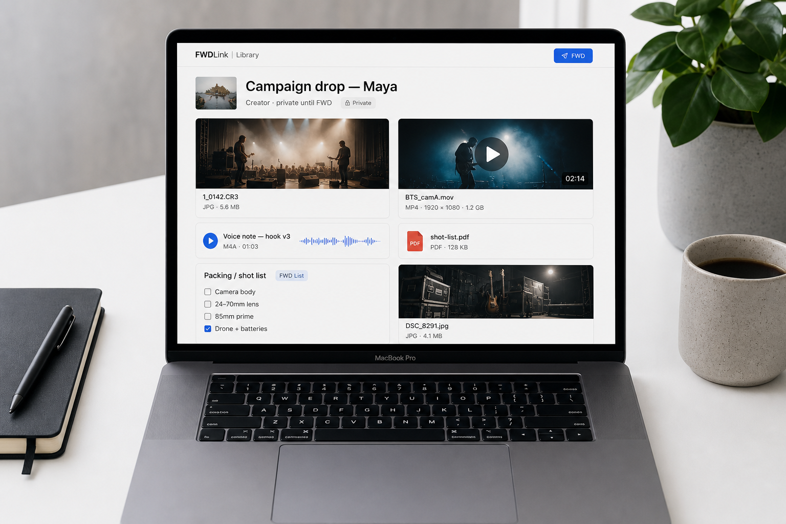 One FWDLink album mixing photos, video, a voice note, a PDF, and a shot list