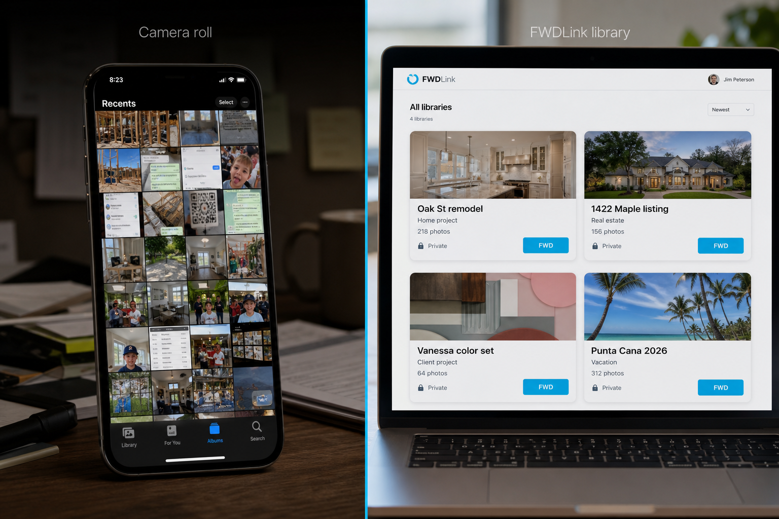 Scattered camera roll, chats, and Drive on the left; FWDLink library albums with photos, video, files, and lists on the right
