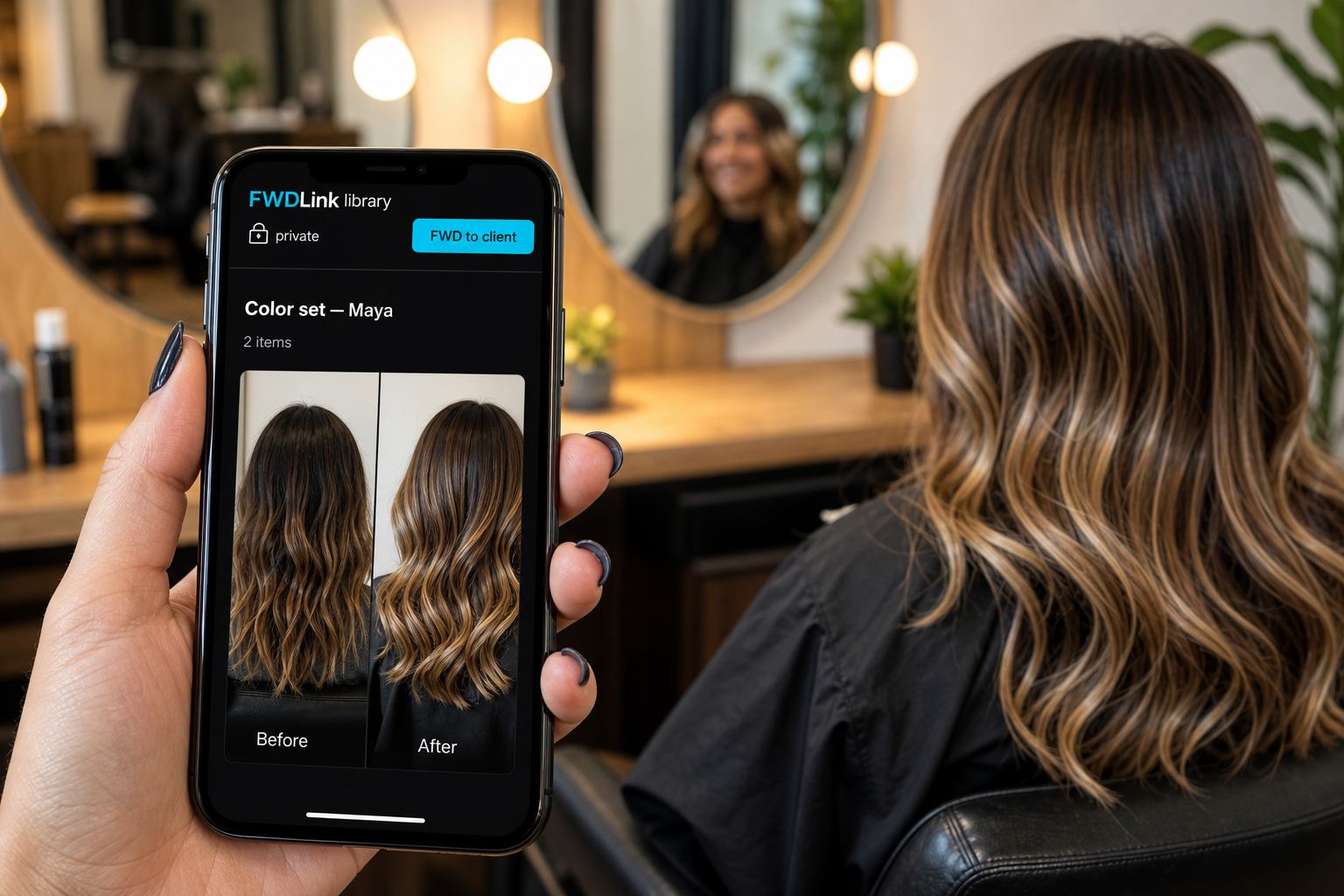 Salon color set in a private FWDLink album — before and after ready to FWD to the client