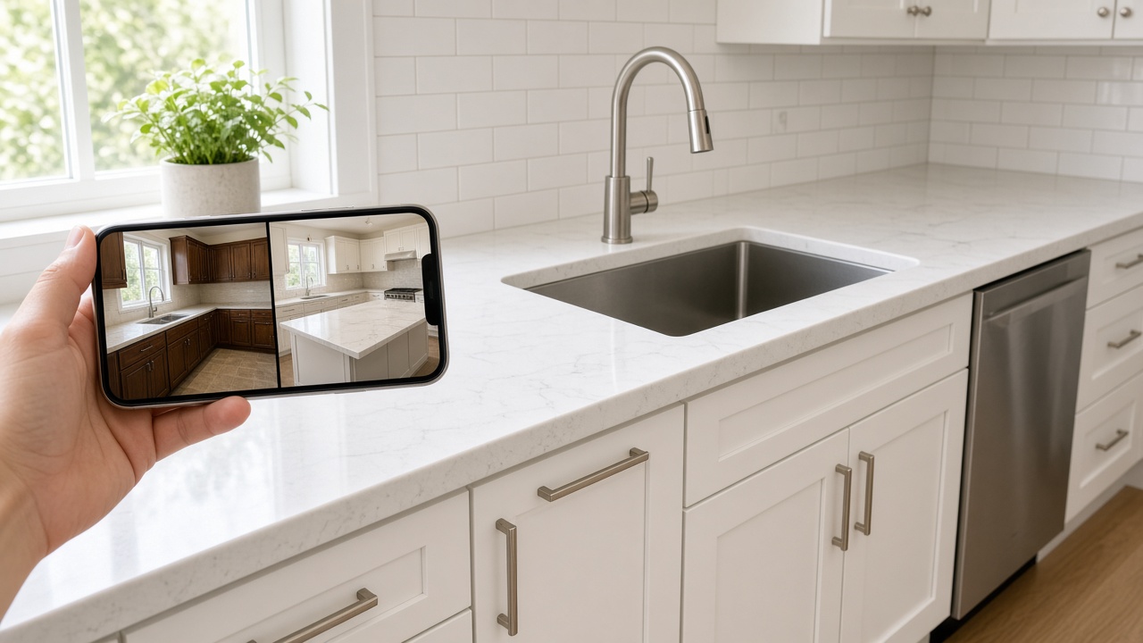 New quartz kitchen countertops while a phone shows the before and after for that address