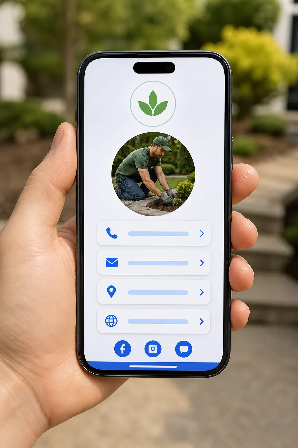 Service business page on a phone — photos, services, contact