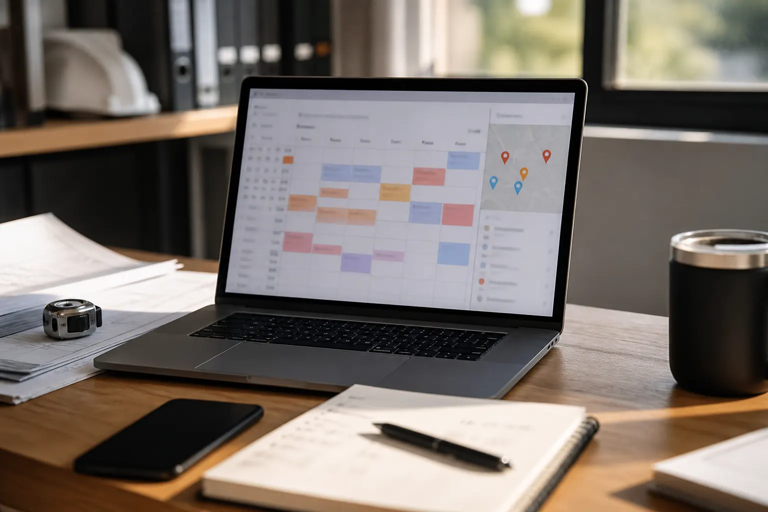 Schedule calendar beside a mapped day route on a laptop
