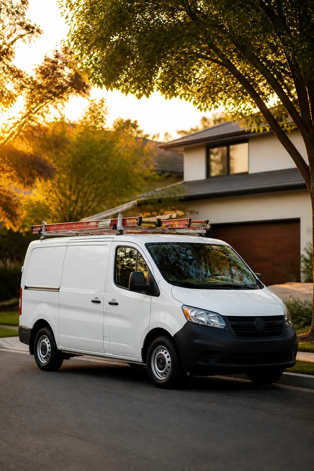 Service van with ladders parked on a neighborhood street