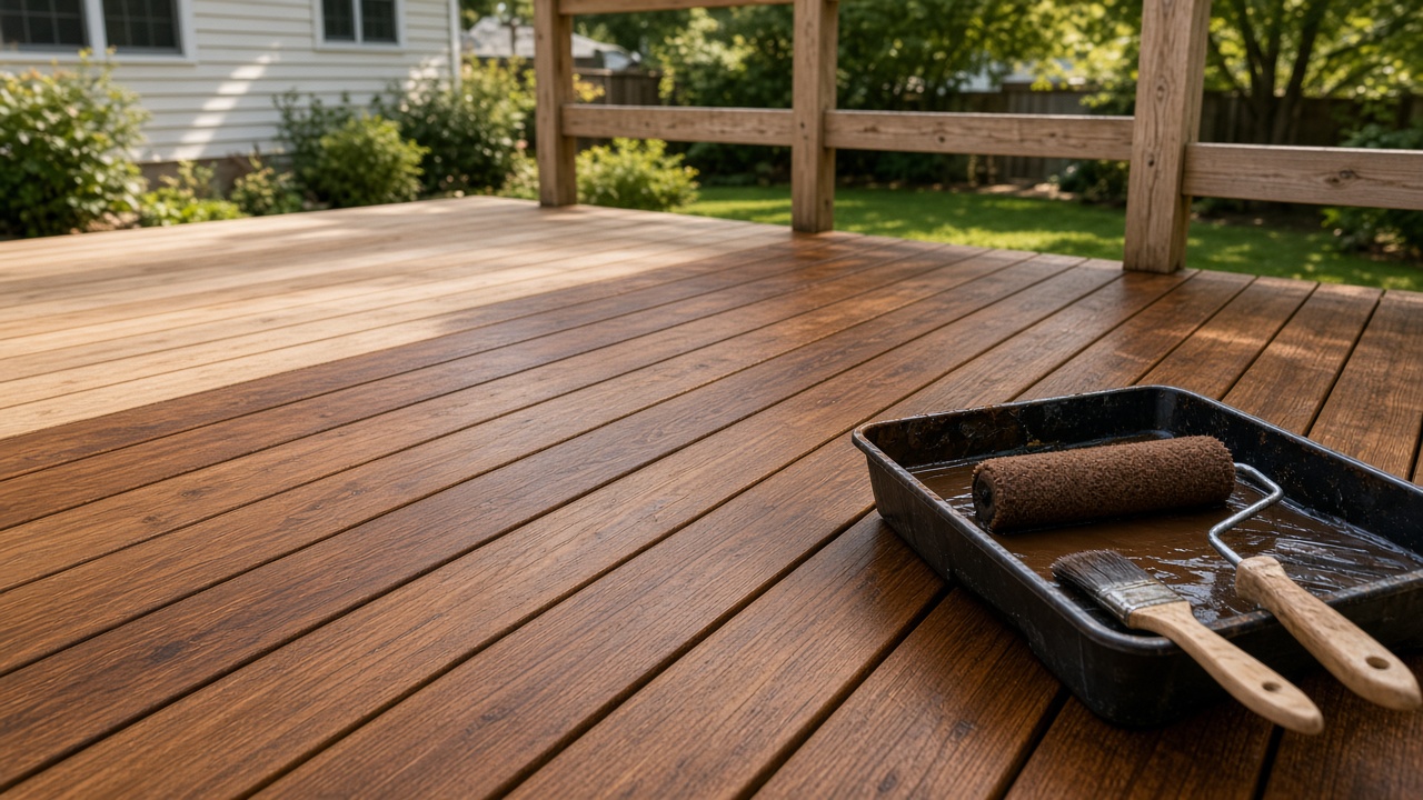 Tablones de deck de cedro recién teñidos en un patio suburbano