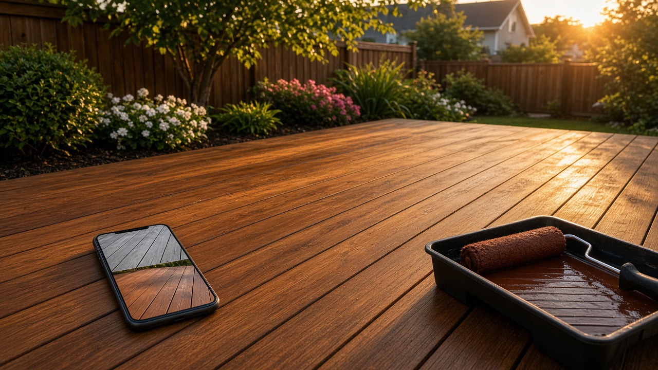 Freshly stained wood deck while a phone shows the before and after for that address