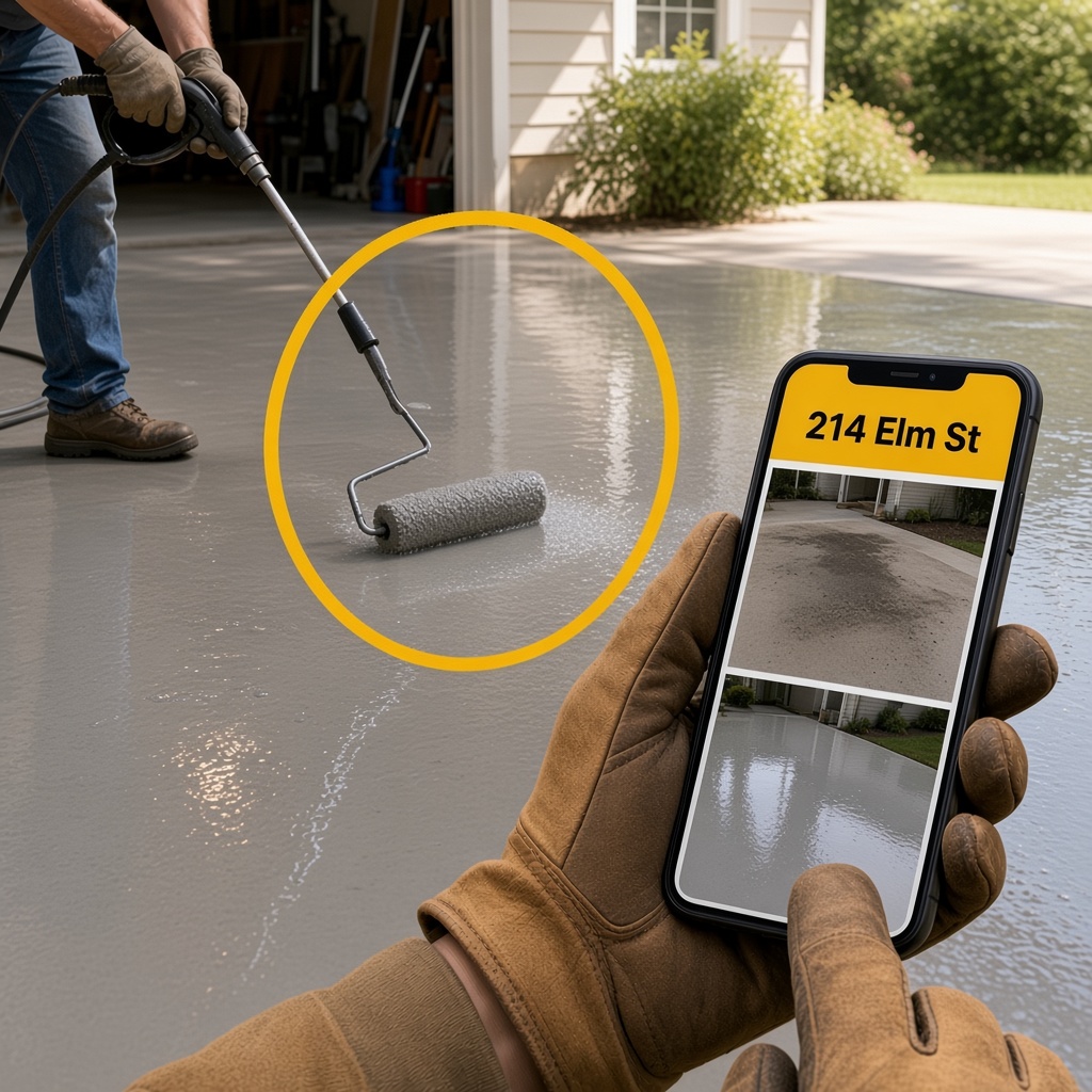 Fresh epoxy garage floor while a phone shows the before and after for that address
