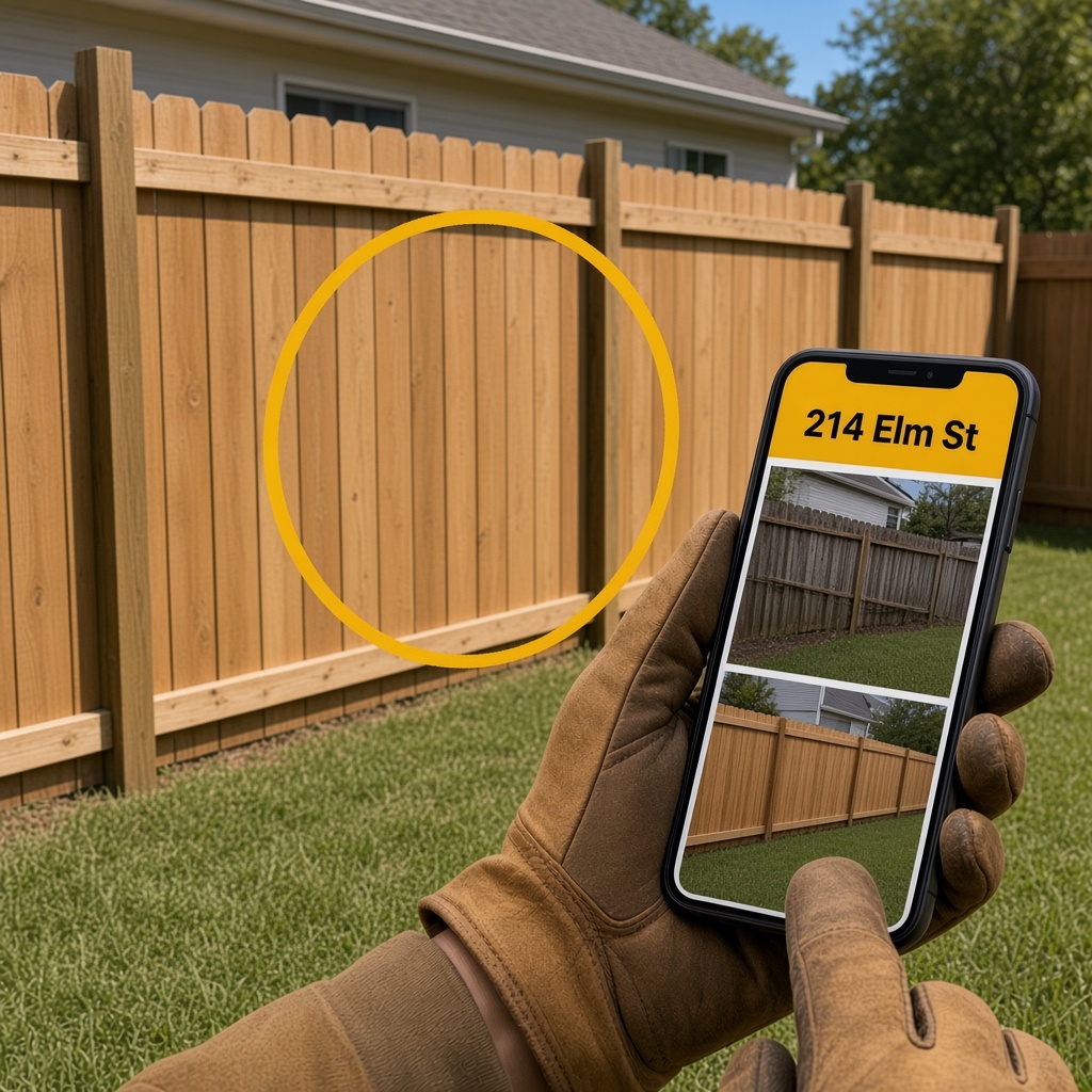 New wood fence along a yard while a phone shows the before and after for that address