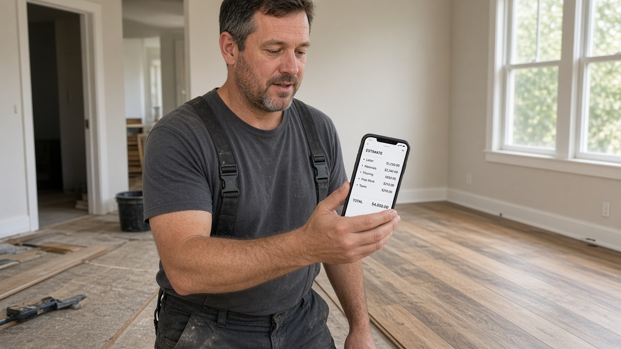 Flooring contractor reviewing estimate on a phone