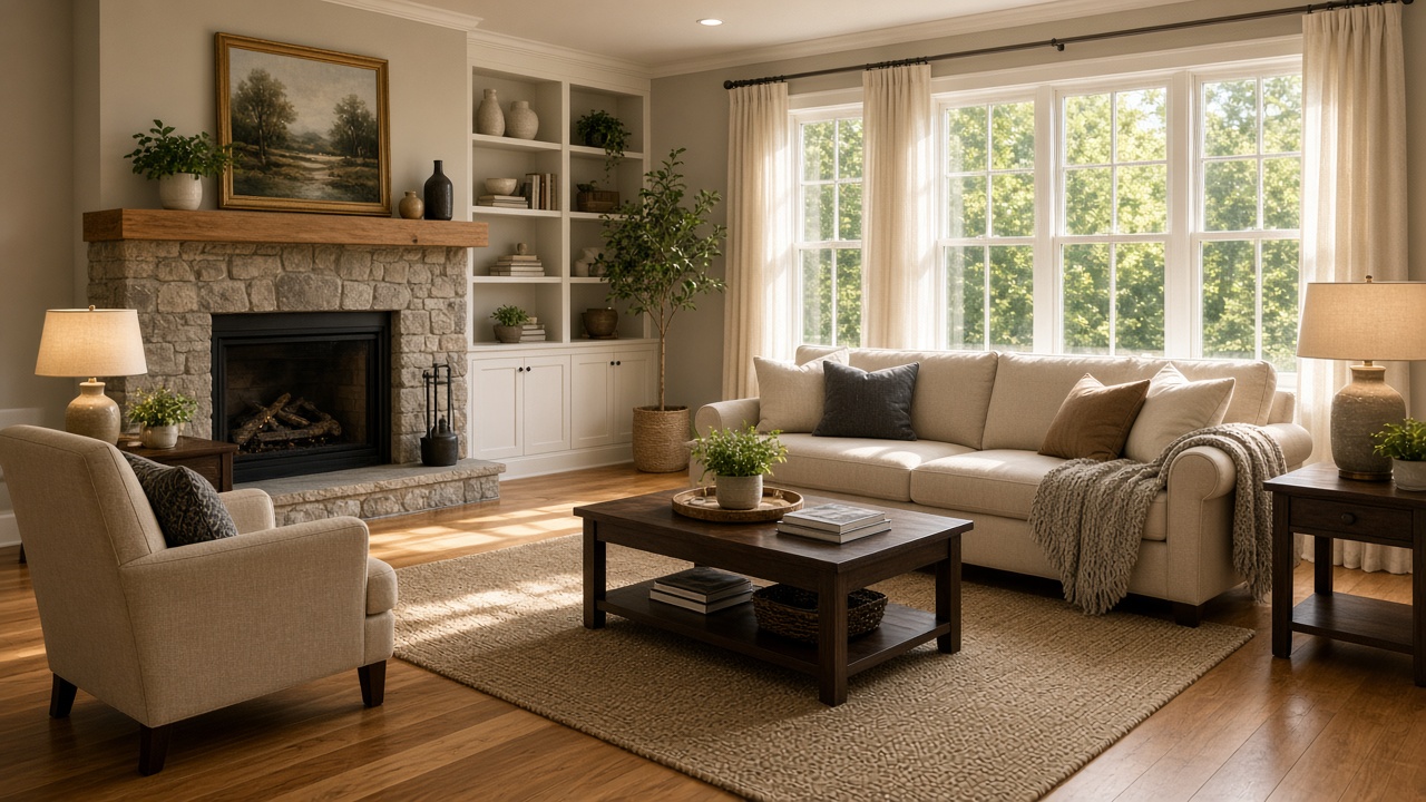 Finished living room with new hardwood floors