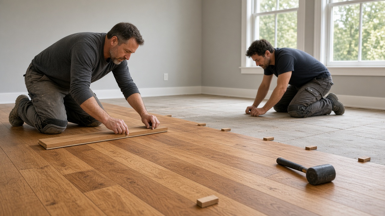 Flooring crew laying hardwood planks