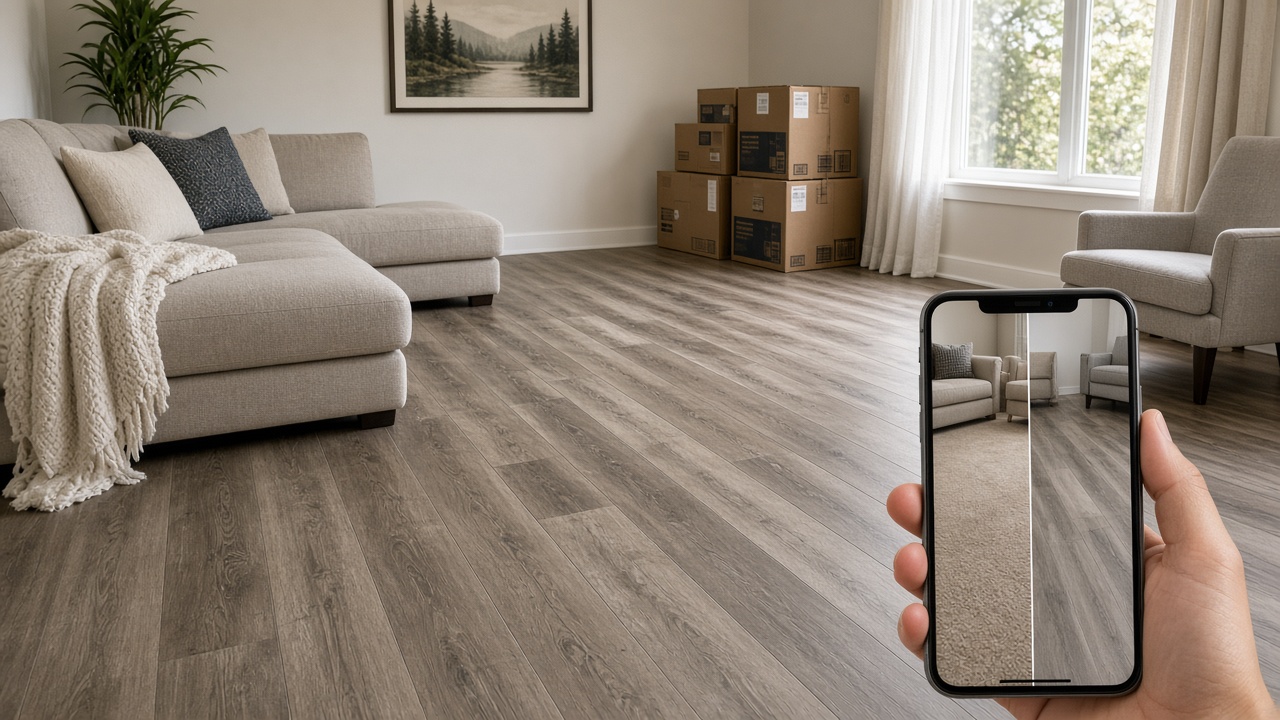 New LVP living room floor while a phone shows the before and after for that address
