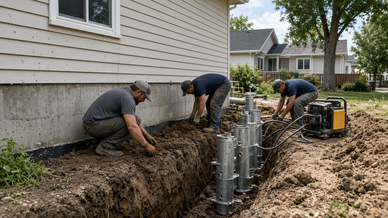 Foundation repair crew excavating along a house footing with piers staged