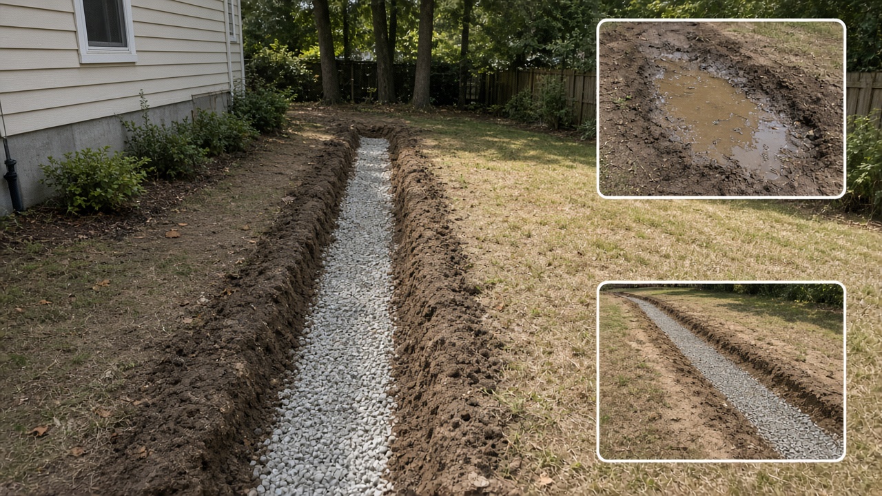 Yard after french drain install while a phone shows the before and after for that address