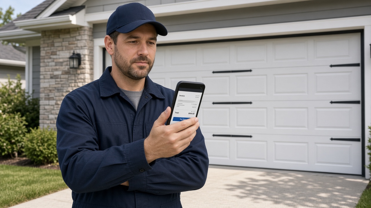 Garage door invoice on a phone in the driveway