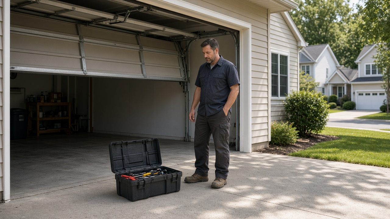 Garage door tech at a suburban service stop