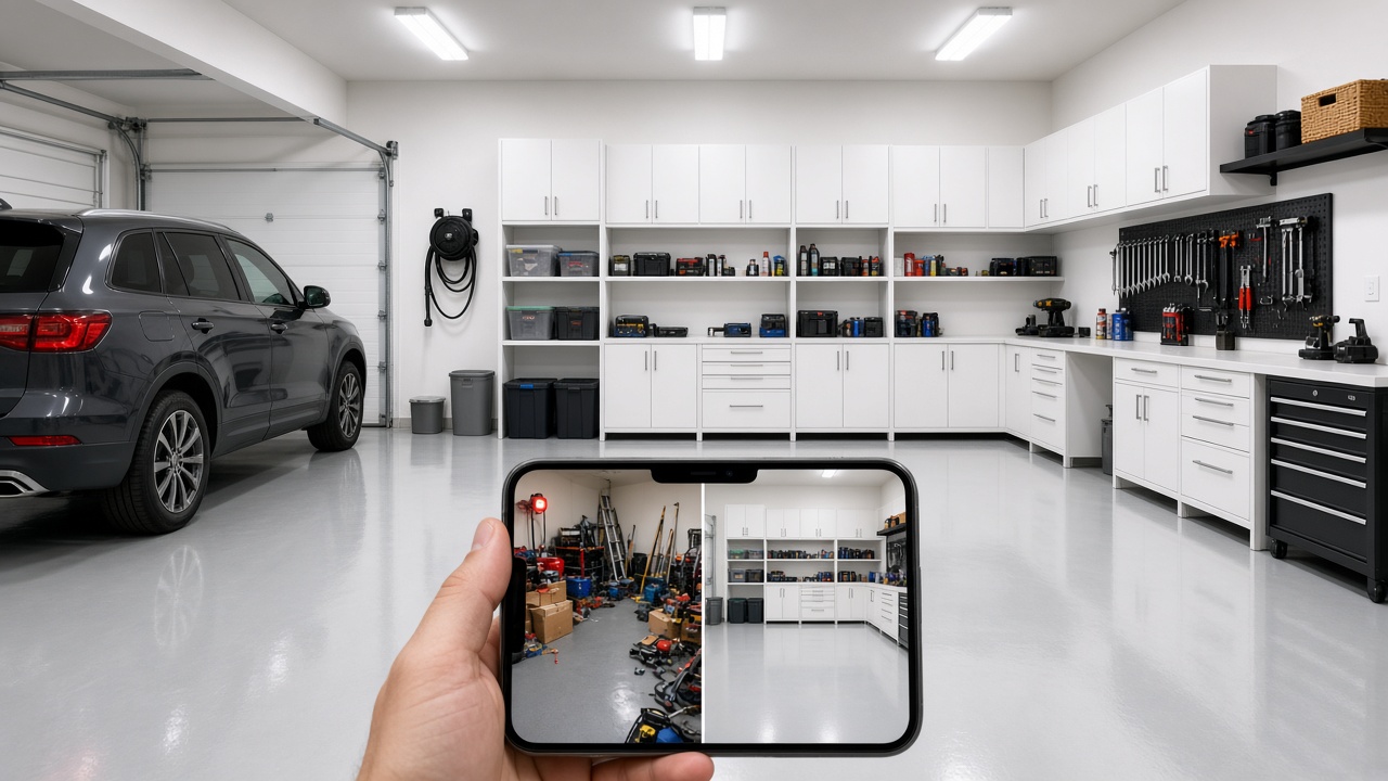 Organized garage with cabinets while a phone shows the before and after for that address