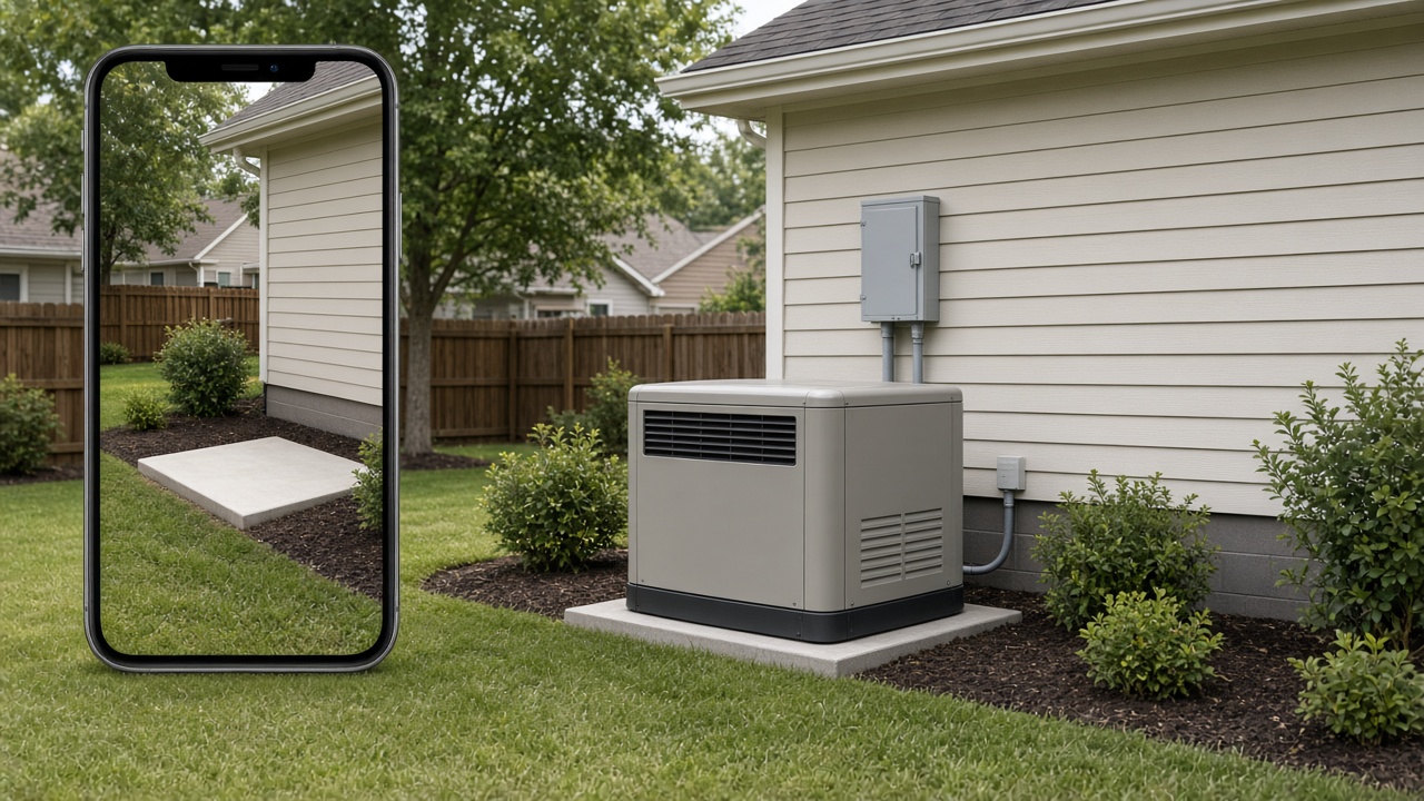 Installed home standby generator while a phone shows the before and after for that address