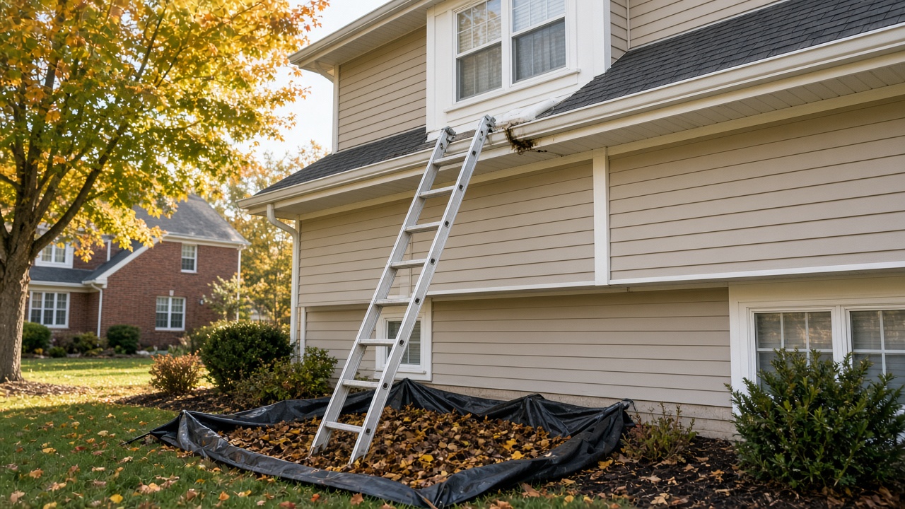 Residential gutter cleaning setup with ladder at a home