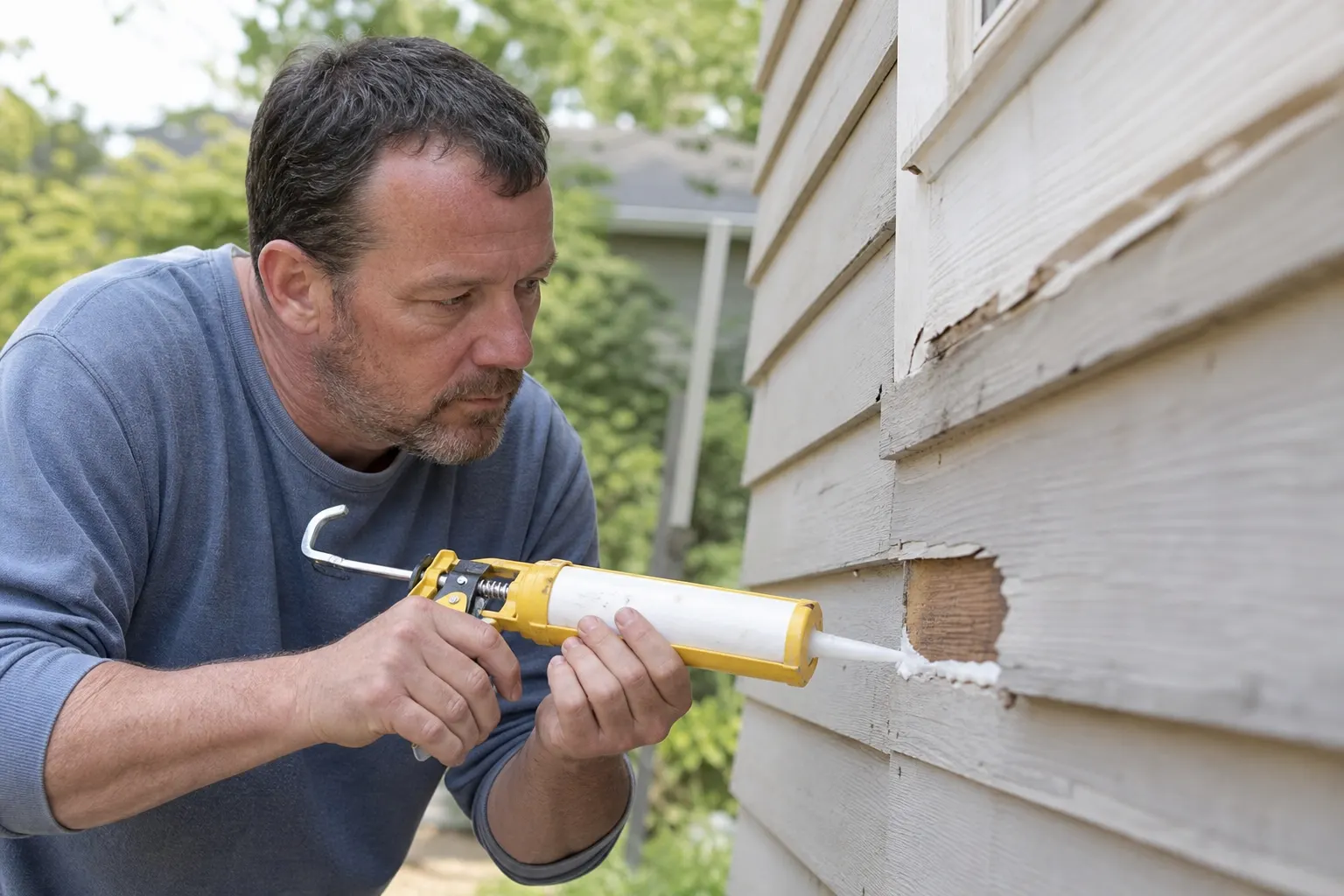 Handyman patching exterior siding on a home