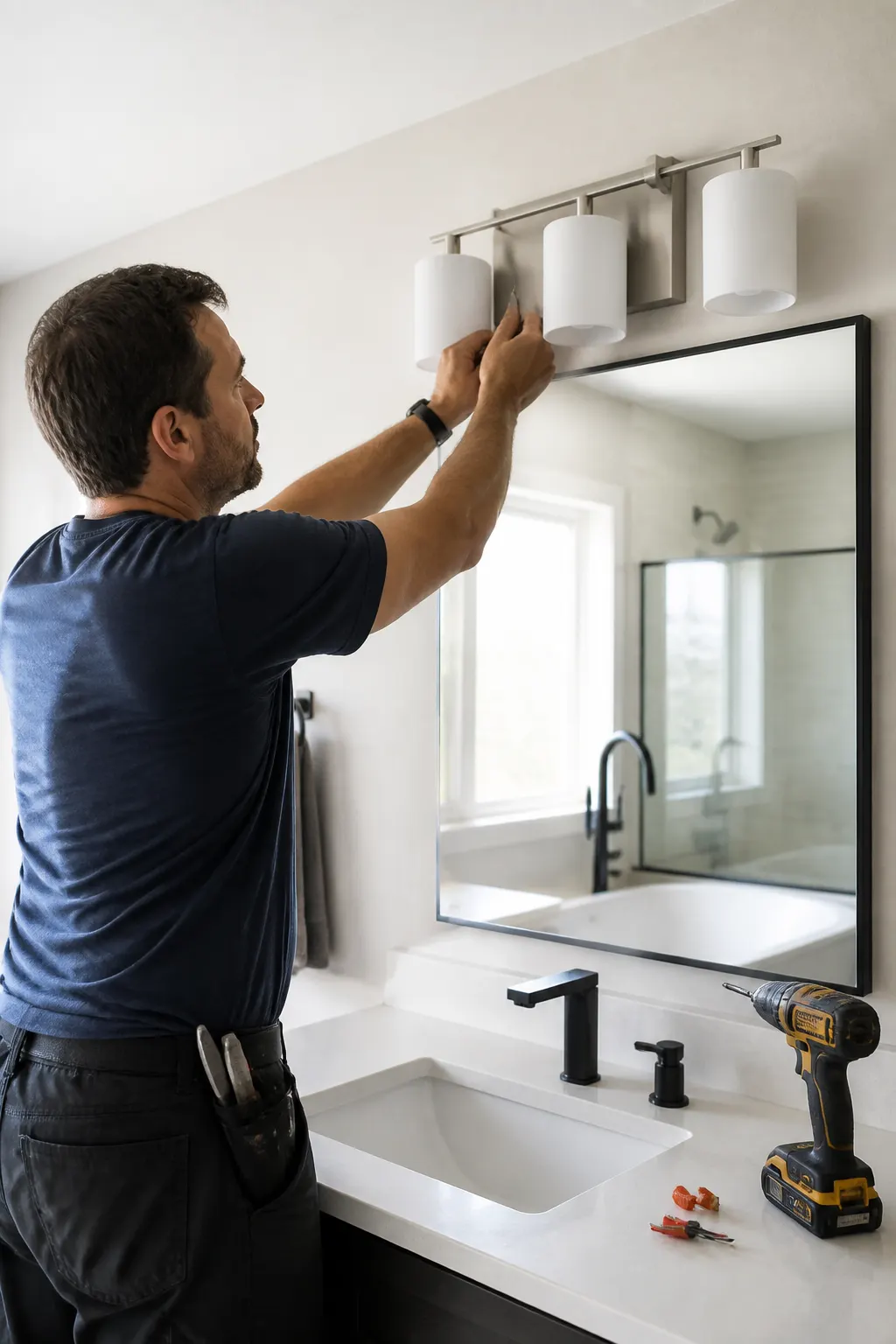 Handyman installing a ceiling light fixture