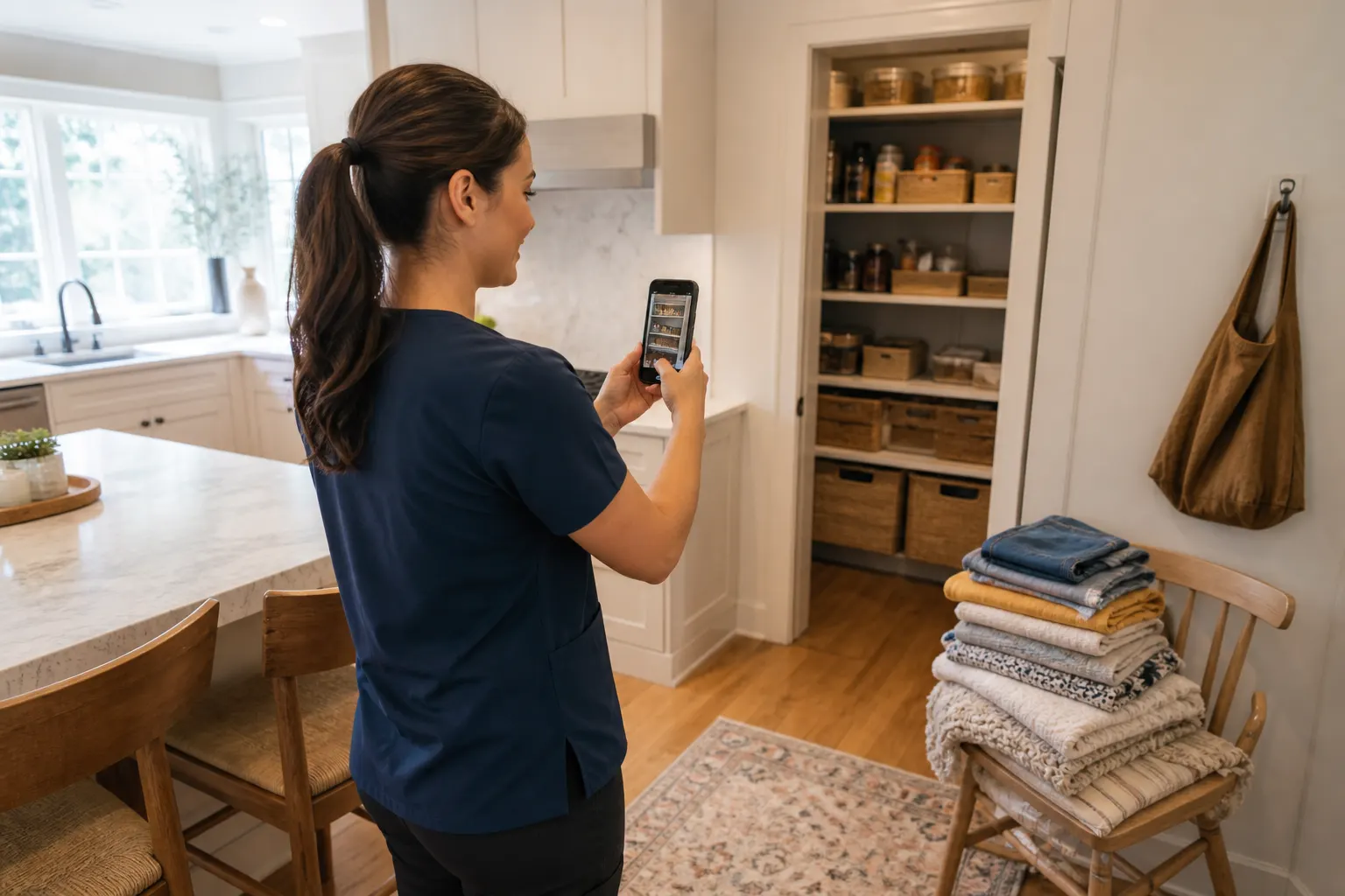 Aide documenting a tidy kitchen after a home service visit