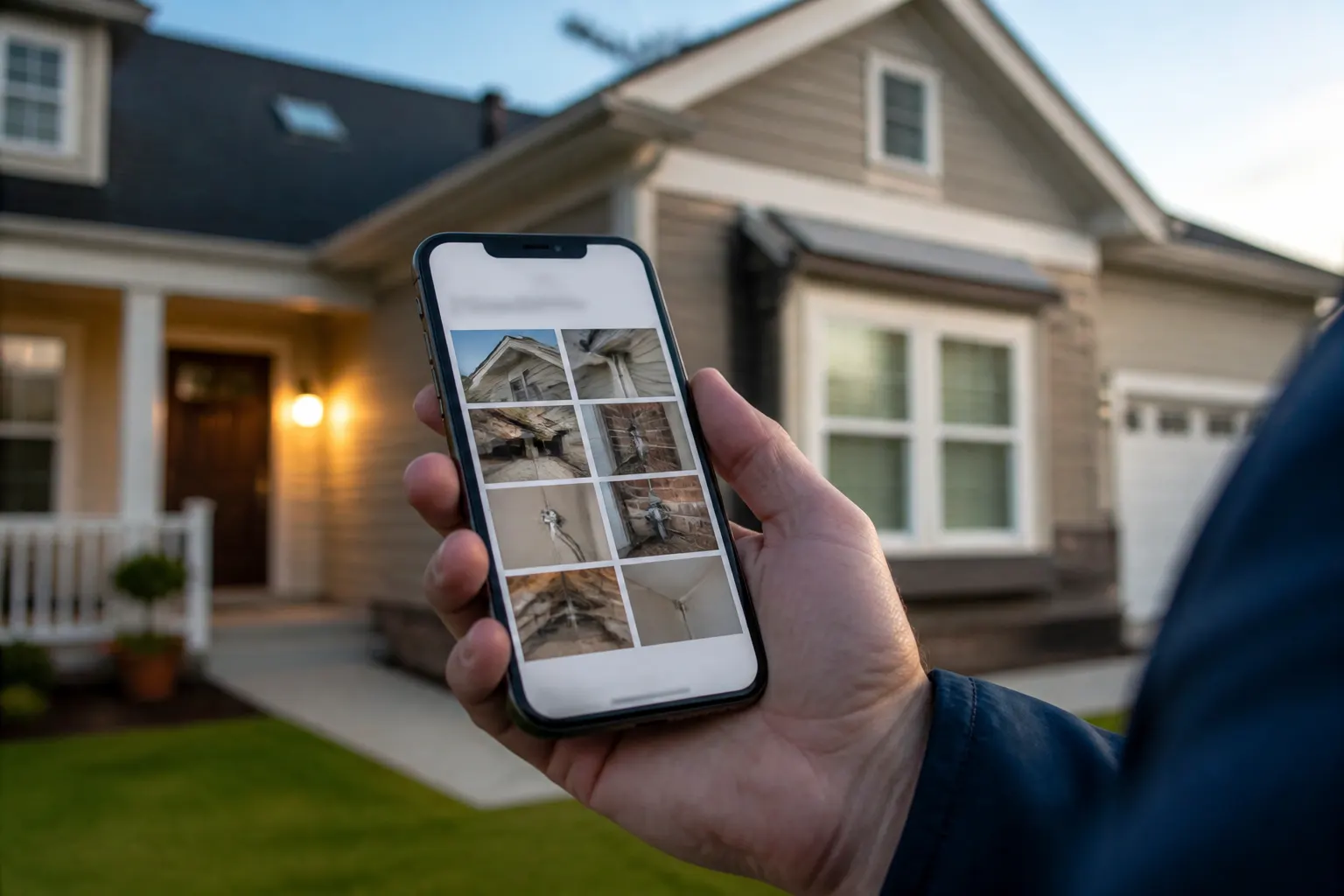 Phone sharing a photo inspection report link outside a house