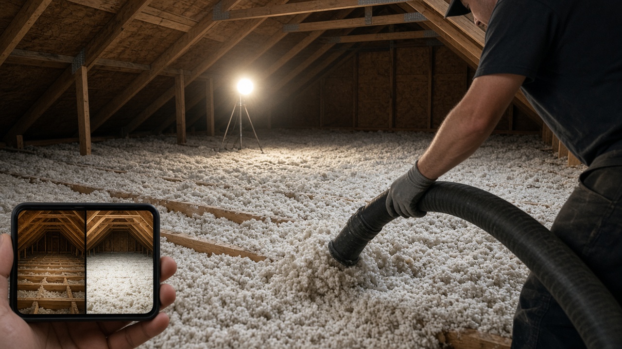 Fresh attic insulation while a phone shows the before and after for that address