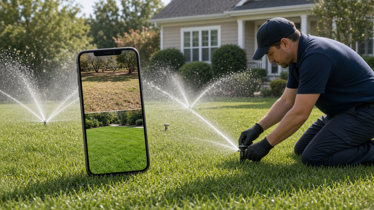 Sprinklers watering a lawn while a phone shows the before and after for that address