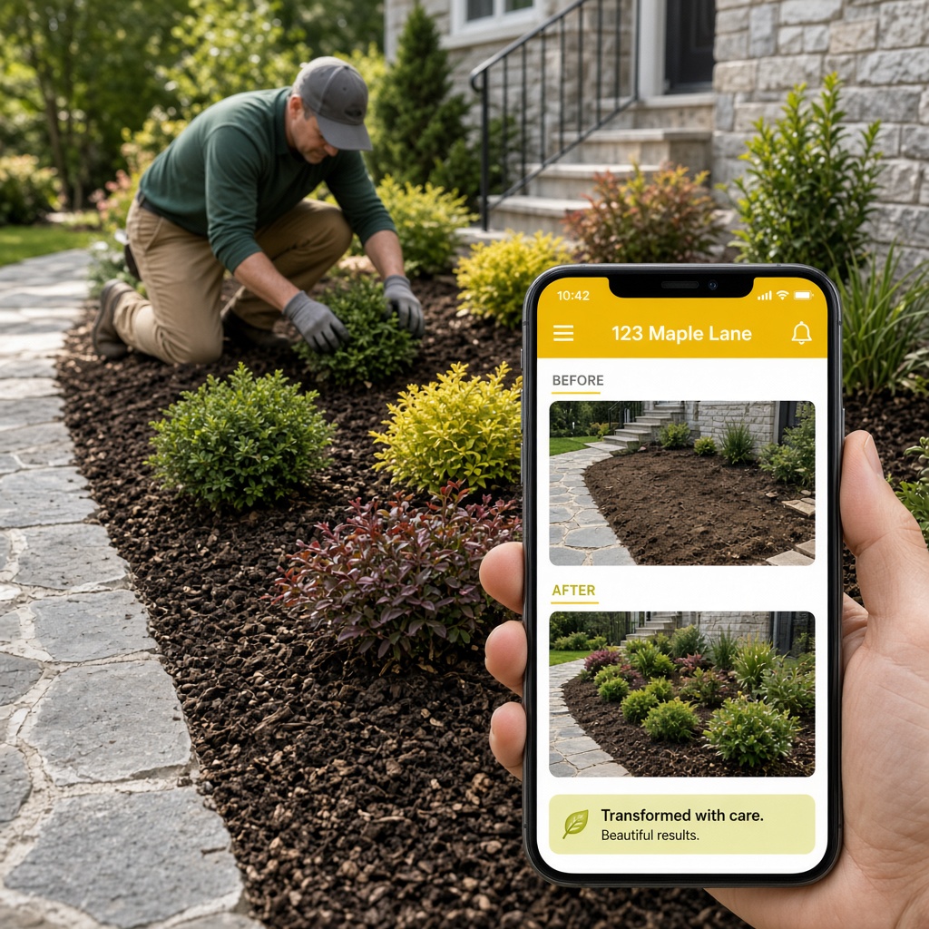 A landscaping crew installing plants at a residential property