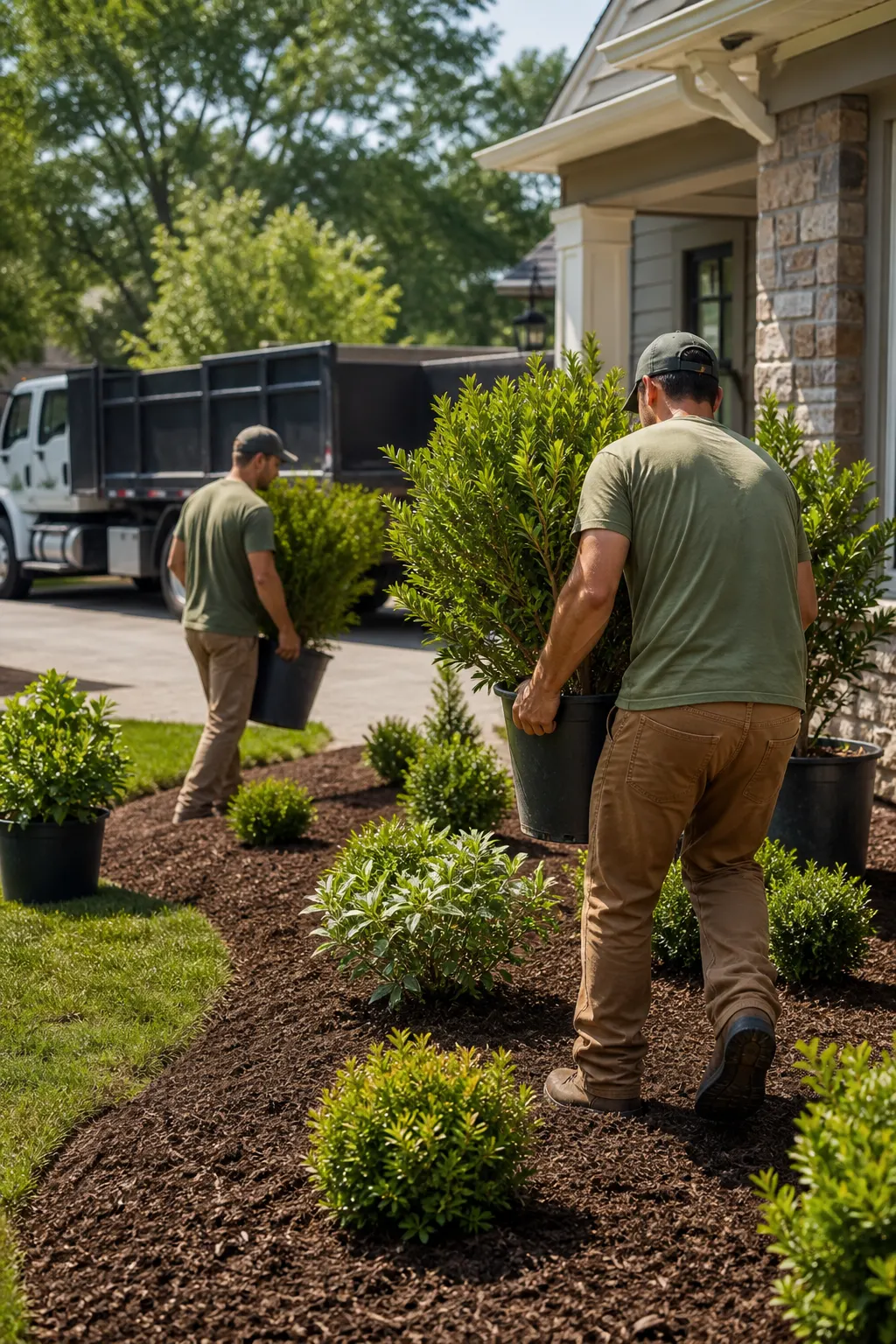 Crew installing plants in a mulched bed