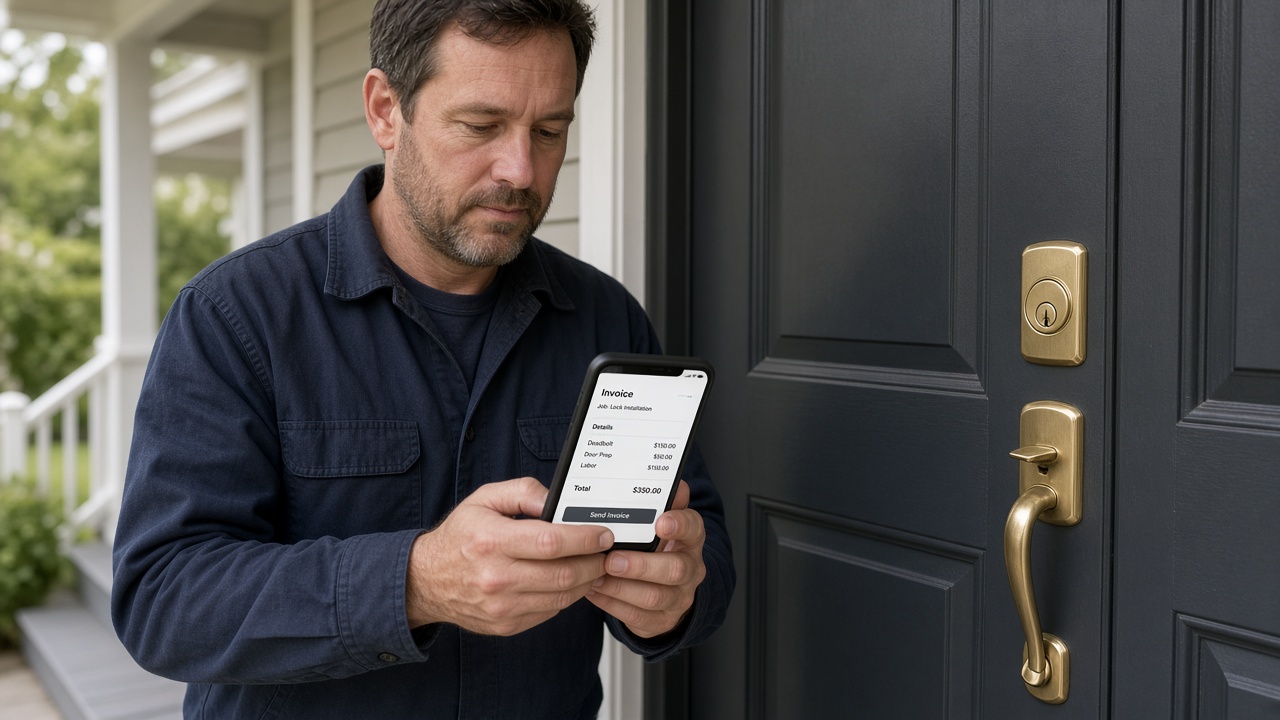 Locksmith invoice open on a phone at the door