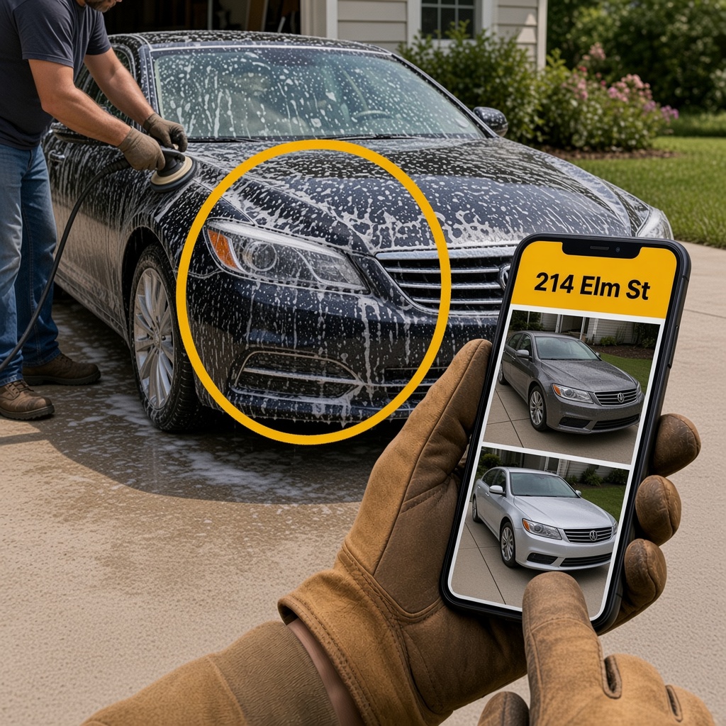 Freshly detailed car in a driveway while a phone shows the before and after for that address