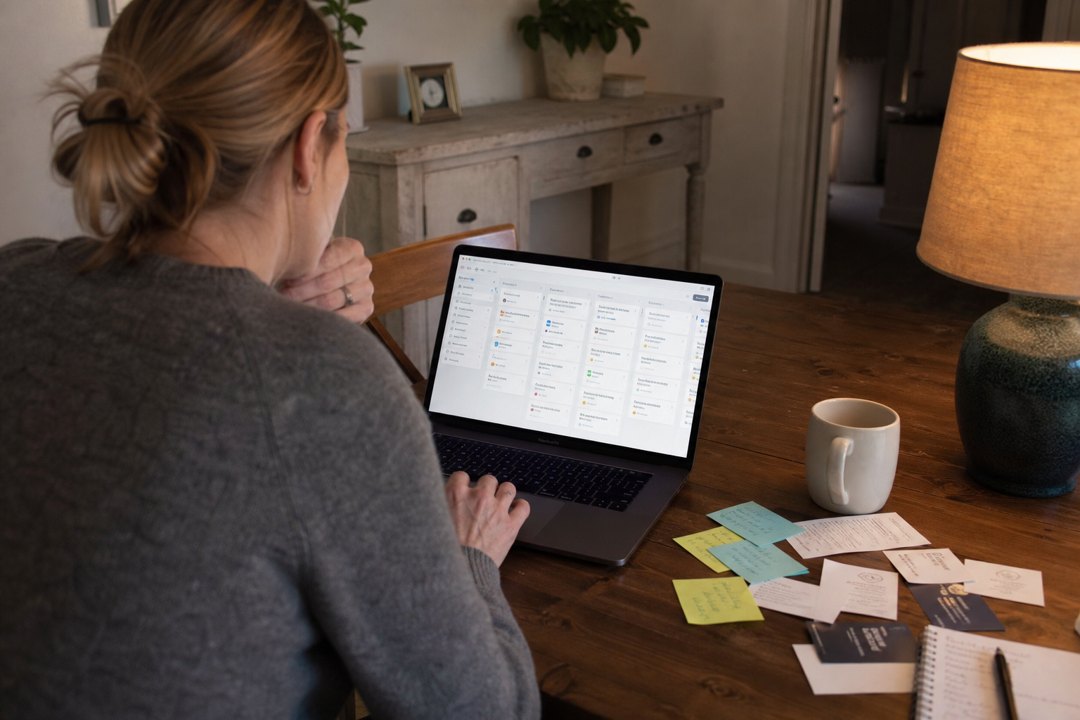 Owner at a laptop reviewing a real CRM pipeline of leads and paid jobs