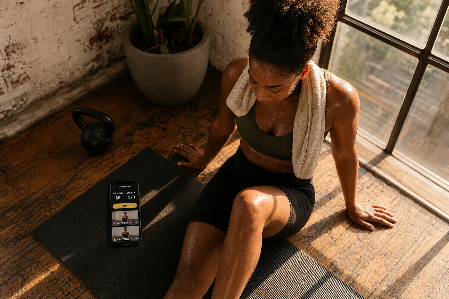 Fitness creator with membership energy in a loft at golden hour