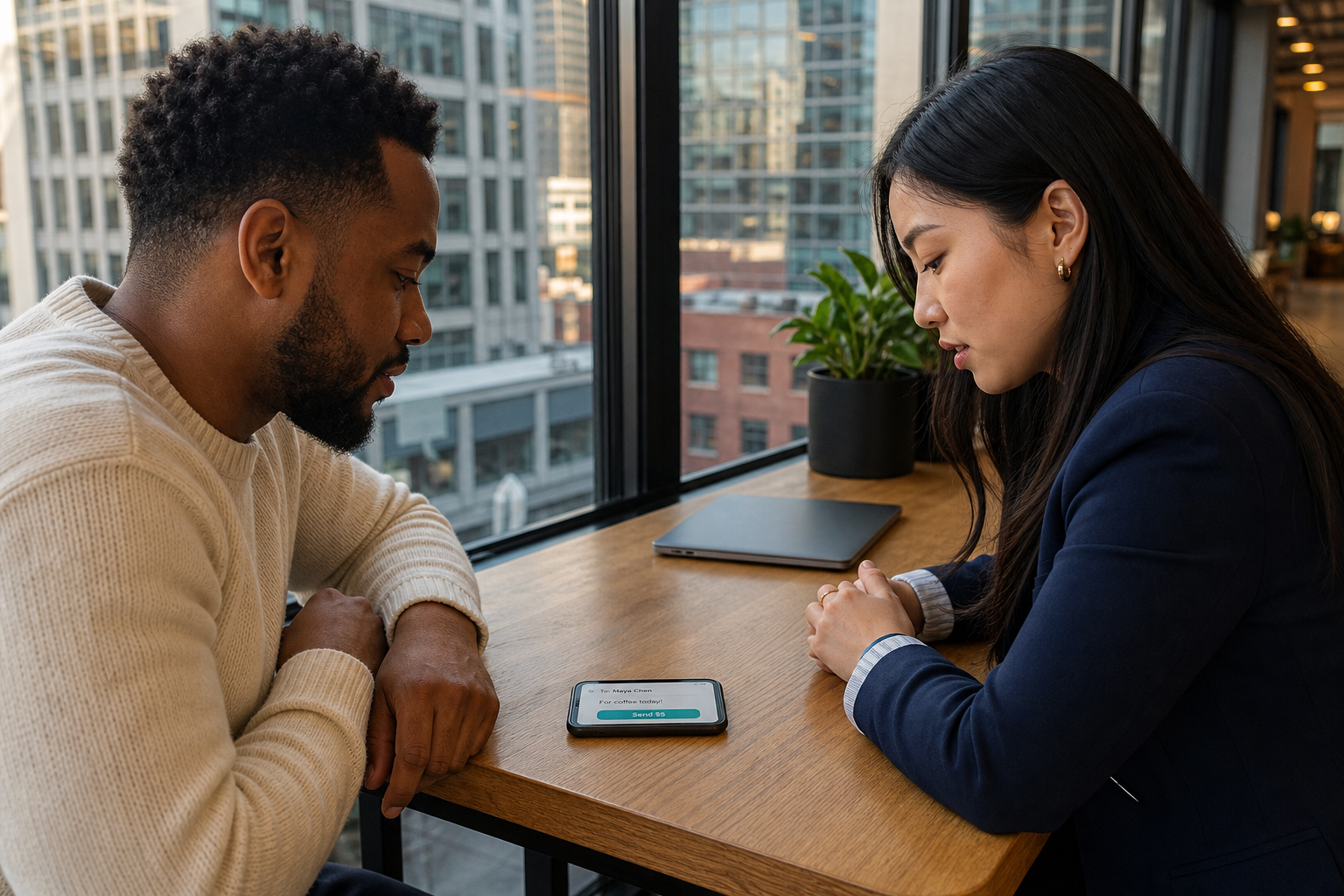 Two people connecting over a phone with a paid-message glow