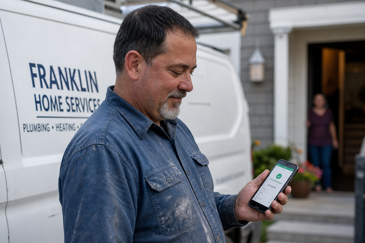 Someone getting paid on their phone after a job — a readable Paid invoice