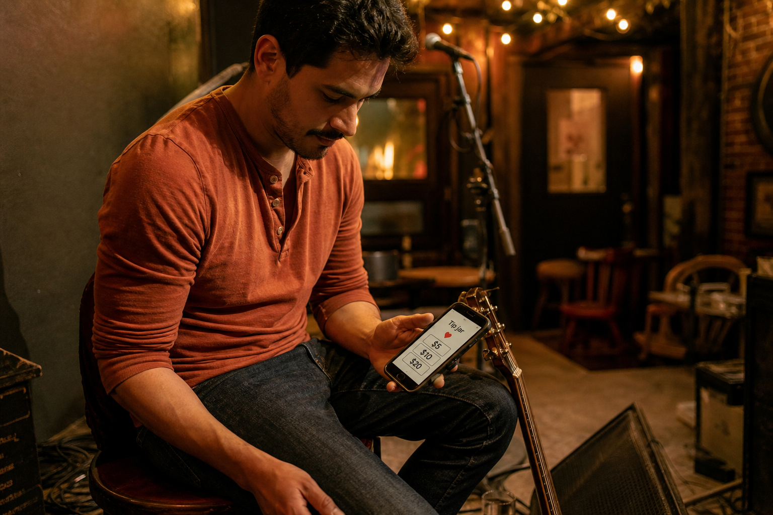 Musician after a set, showing a tip jar on a real phone screen