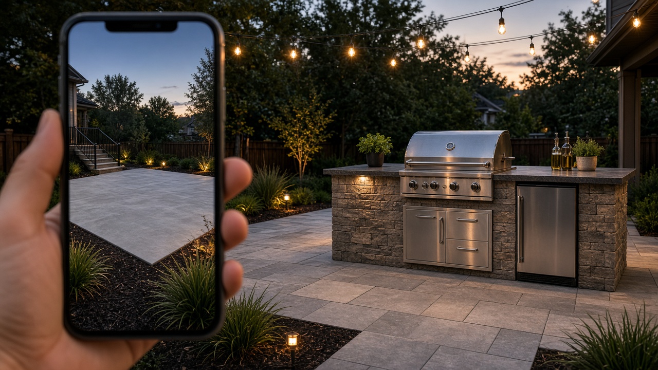 Built outdoor kitchen while a phone shows the before and after for that address