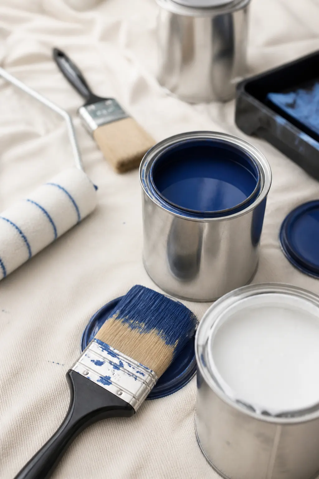 Paint brushes, roller, and open cans on a drop cloth