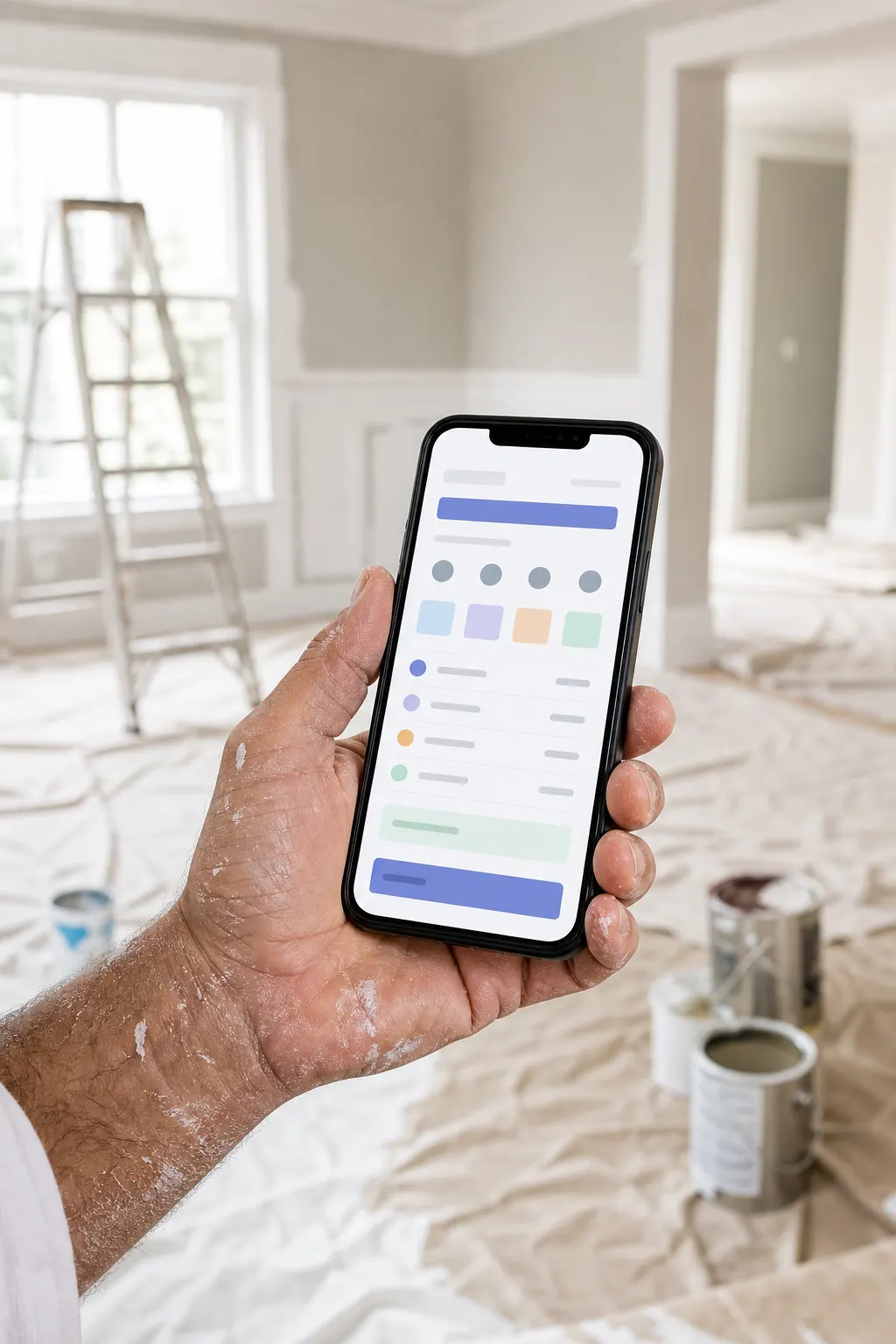 Paint-splattered hand holding a phone with the job estimate on site